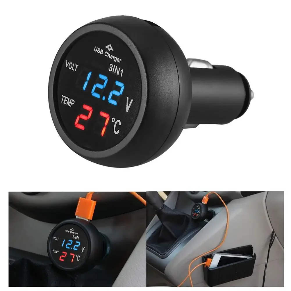 Universal 3 In 1 LED Cigarette Lighter Volmeter For Car Digital Thermometer 12V 24V Truck Temperature Battery Monitor