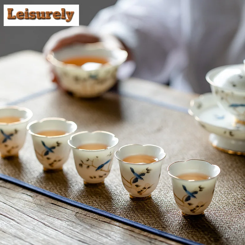 35ml Chinese Mutton-fat Jade White Porcelain Tea Cup Handmade Flower And Flower Tea Bowl Teaset Master Cup Travel Meditation Cup