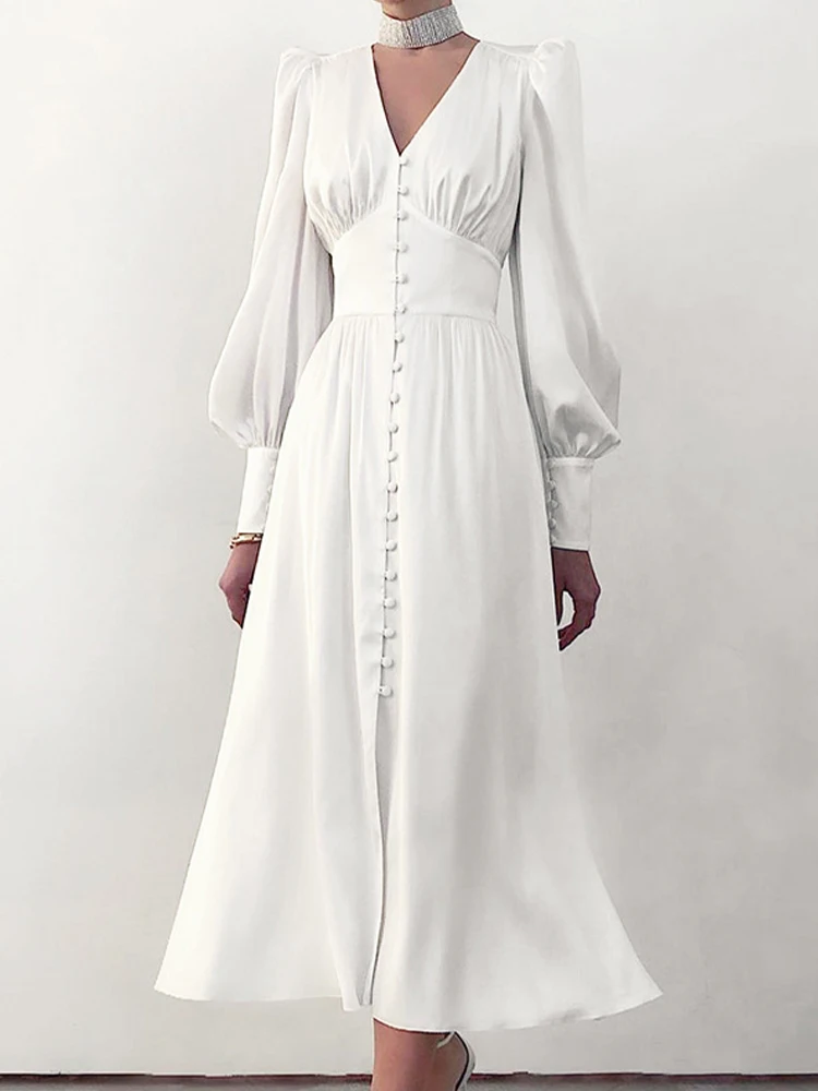 

Элегантное белое платье миди, женское осеннее атласное платье с рукавами-фонариками, Женские винтажные модные однобортные платья с высокой талией