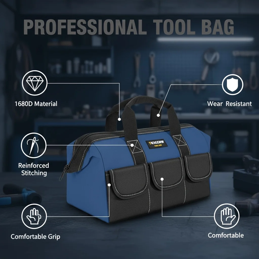 TKIGZNW 14인치 블루 핸드백 1680D 목공 전기 기술자용 내구성 공구 가방 휴대용 작업 동반자