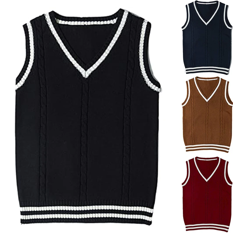 

Unisex Cotton High Quality Knit Vest Solid Black Cable Sleeveless Geometric Sweater Vest