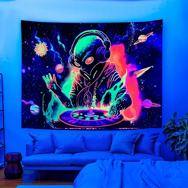 Tapisserie extraterrestre réactive UV à lumière noire, Hippie, hip hop, fluorescente, psychédélique, tenture murale d'astronaute, pour décoration de chambre à coucher 4