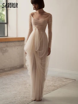 Abito da sposa dritto da sogno Abito da sposa semplice a maniche lunghe Abito da sposa elegante in tulle plissettato Abiti da sposa personalizzati