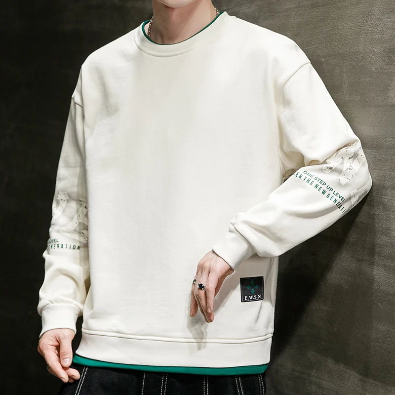 Spring Autumn Men's Letter Printed Pullover Crew Neck Patchwork Lantern Long Sleeve Casual Sports T-shirt Hoodies Vintage Tops