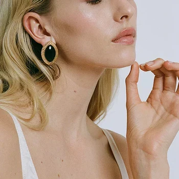 Statement Black Crystal Geometric Stud Earrings for Women Waterproof Vintage Spiral Stainless Steel Earrings Trend Jewelry Gift