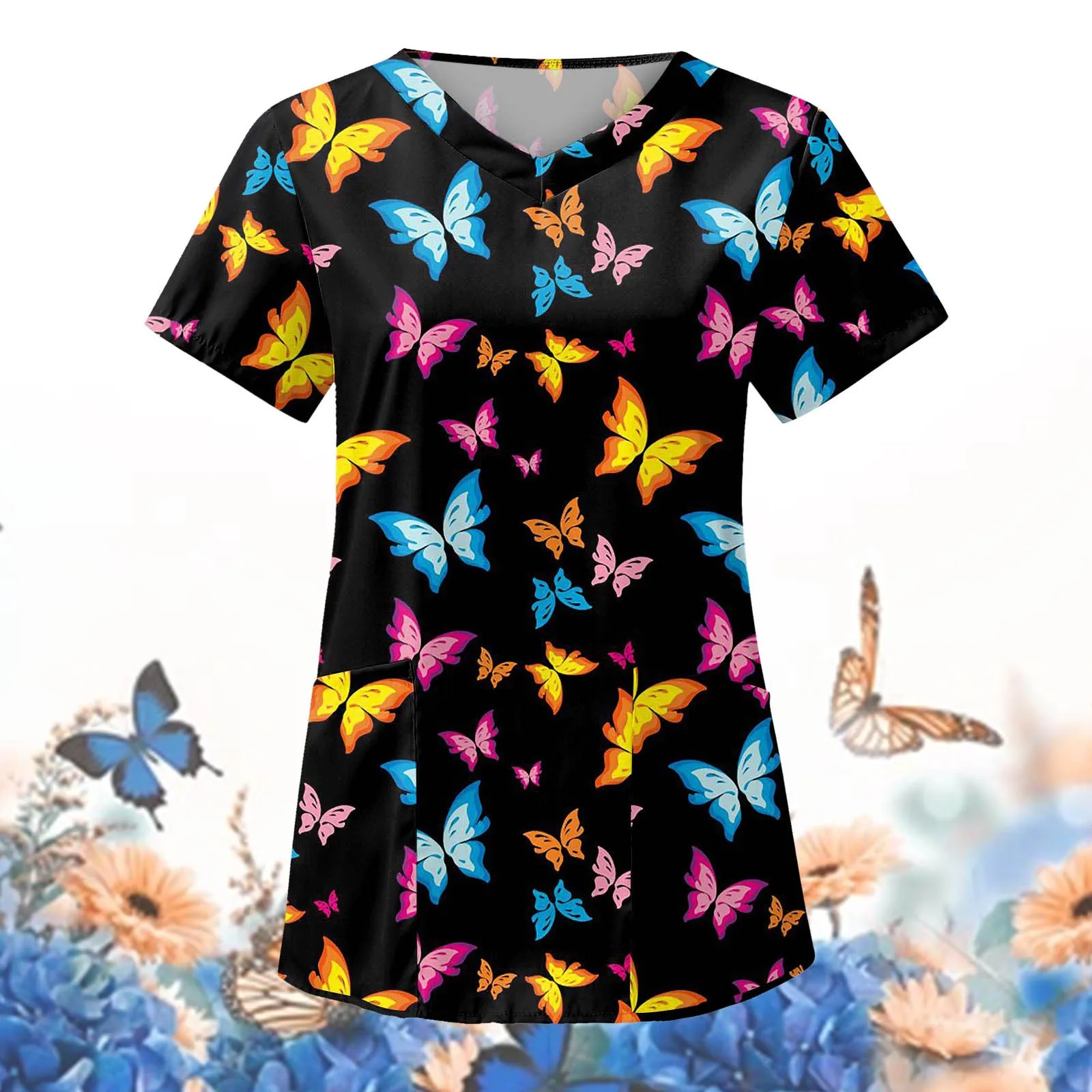 Healthcare Uniform Nurse Clinic Nursing Butterfly Workwear Hospital T-shirt Tops Short Sleeve Blouse Carer Working Women Medical medical tops