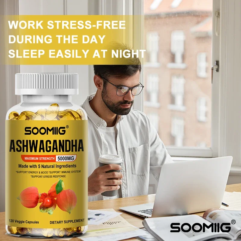 Ashwagandha Supplement Organic Ashwagandha Capsules 5000 Mg Promotes Stress Relief Natural Mood and Focus Natural Energy Supplement Unisex