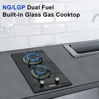Gas Cooktop 2 Burner Propane Cooktop, 12 Inch LPG/NG Dual Fuel Gas Stove Top, Built-in Tempered Glass Gas Cooktop for Apartment, 2