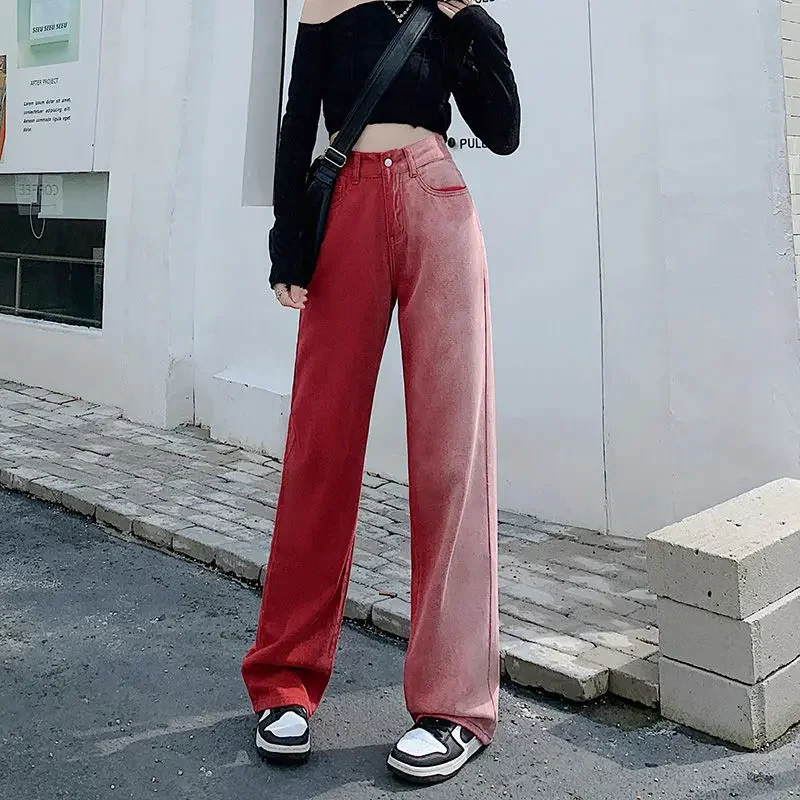 

Trousers with Pockets Straight Leg Red Womens Jeans High Waist Shot Pants for Women Denim New in Fitted Baggy Pant Loosefit A Z