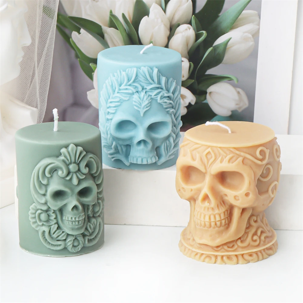 3D Relief Skull Column Candle Silicone Mold DIY Halloween Skull Post Aroma Gypsum Candle Mold Handmade Halloween Gift Decor Tool