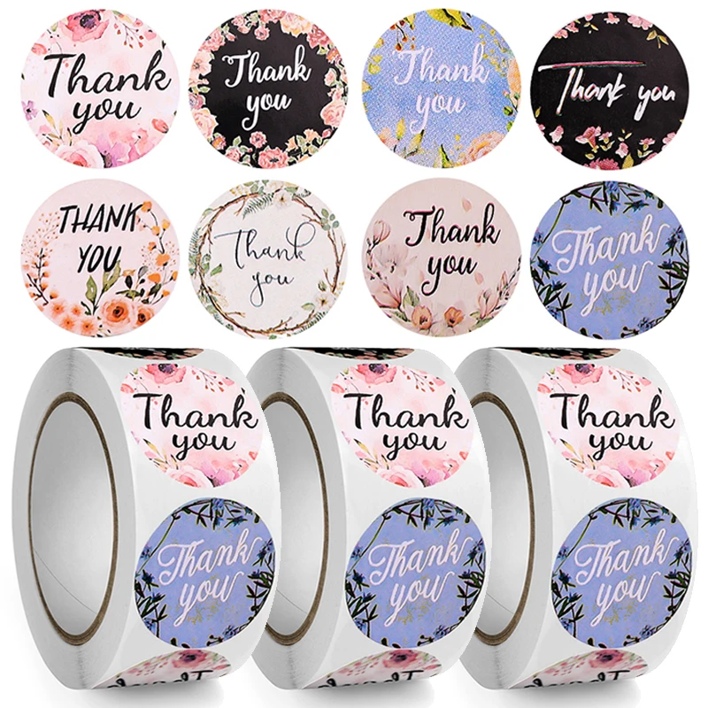 

500pcs/roll Thank You Stickers Round Floral Labels for Envelope Bouquet Seal Closure Sticker Stationery Wedding Party Decoration