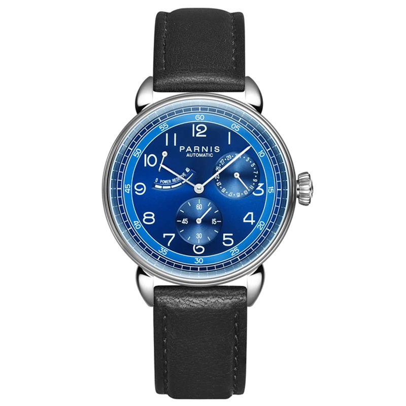 

New Luxury Parnis 42mm Blue Dial Automatic Mechanical Men's Watch Leather Strap Calendar Men Wristwatches reloj hombre Man Clock