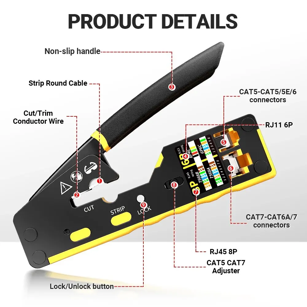 

K50 EZ-Type RJ45 Network Crimper - 3-in-1 Crimp/Cut/Strip CAT8/7/6A/6/5E (STP/UTP) & RJ11/12 Tel Modular Cable (AM-6088)