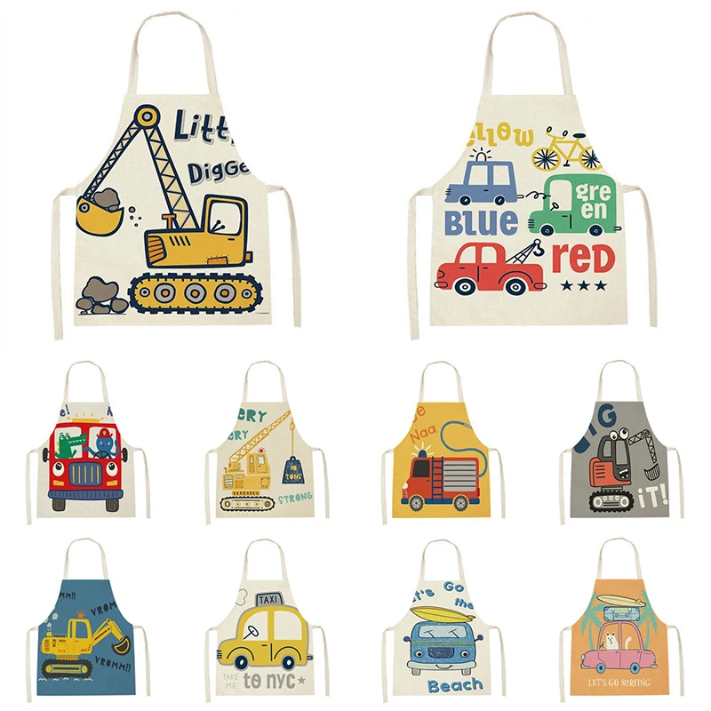 Cartoon Car Excavator Pattern Children's Antifouling Apron Parent-child Household Kitchen Cooking Adults Sleeveless Backless Apr baby accessories carry bag	