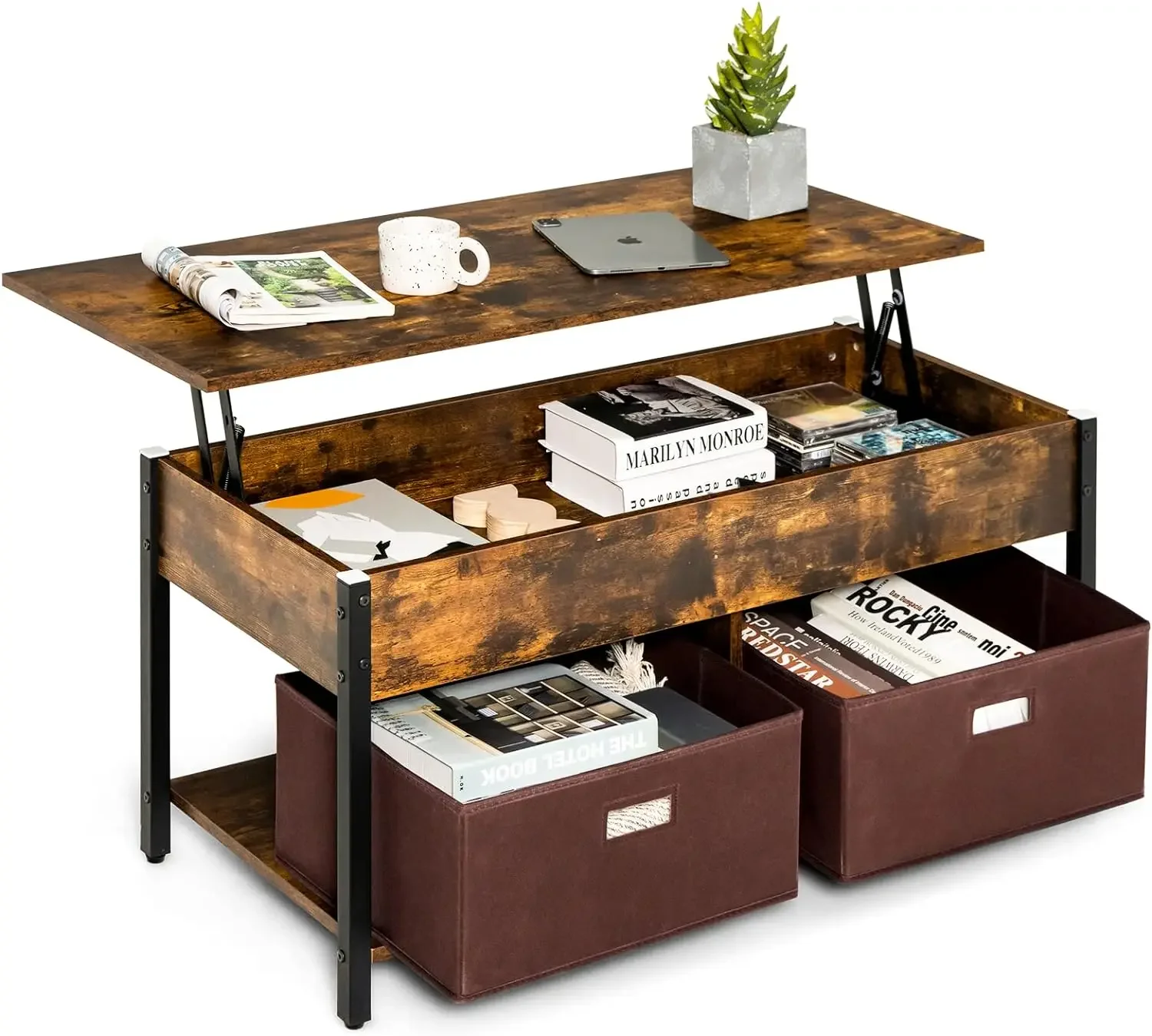 

Lift Top Coffee Table with Drawers,Multifunctional Pop-up Central Table,Concealed Compartment & 2 Folding Fabric Drawers