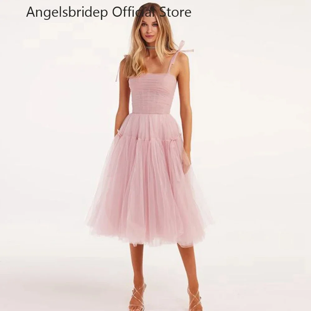 

Straps Tulle Pink Prom Dresses Midi Vestidos De Graduación Pleat Tea-Length Formal Occasion Dresses Robes De Soirée