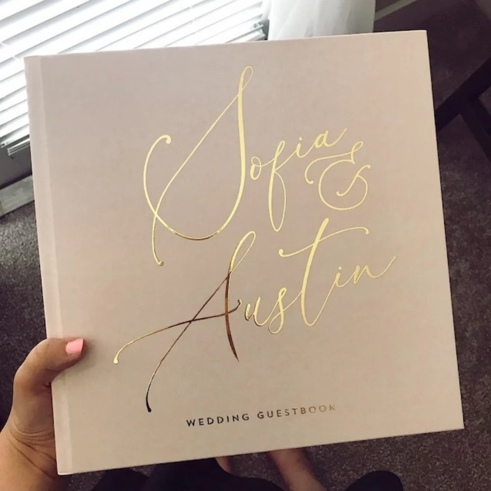 Libro Degli Ospiti Di Nozze Rosa E Oro, Libro Di Nozze Orizzontale In Lamina D'Oro Reale Con Nomi Di Calligrafia, Cabina Fotografica Istantanea Con Co