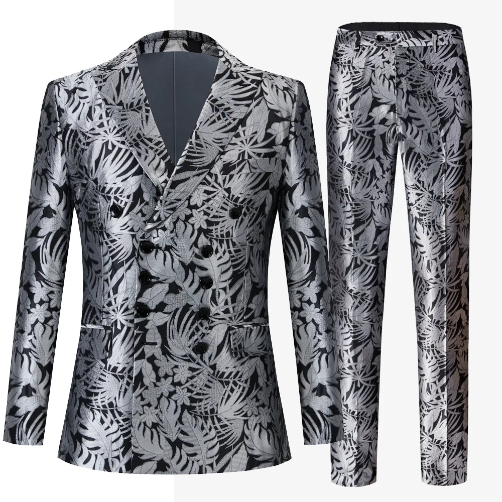Elegant Men&lsquo;s Business Double Breasted Silver Leaf Suit / Male Slim Dancer Singer Party Host 2 Pcs Blazers Jacket Pants Sets