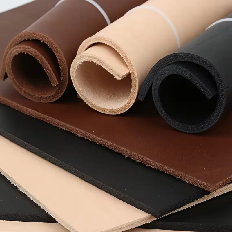 4mm 두께의 견고한 식물성 무두질 천연 소가죽 소재, 내추럴 브라운 및 블랙, 수제 DIY 가죽 프로젝트용