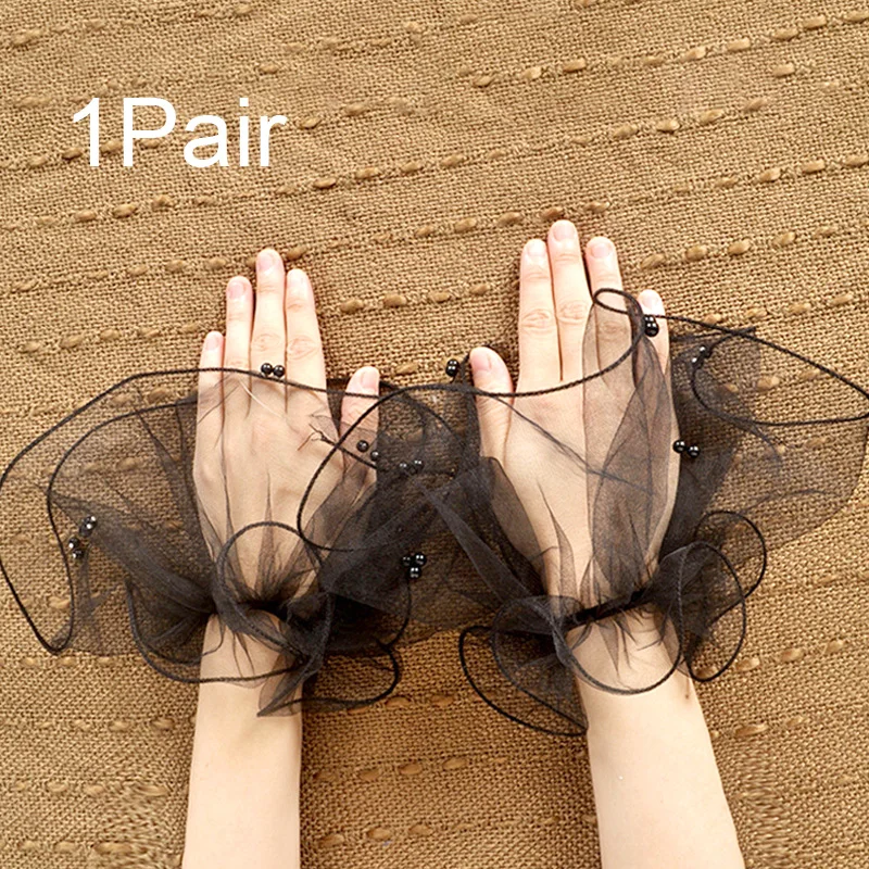 Fake Cuffs Detachable Pearl Lace Mesh Flared Sleeves Women Pleated Wristband Wrist Warmers 1Pair