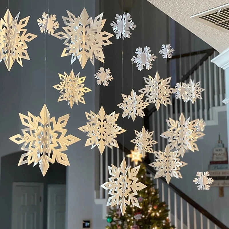 1 Set Big Snowflakes Hanging Ornament 3D Hollow White Plastic Snowflakes  Atmosphere Decoration Accessory Xmas Tree Penda