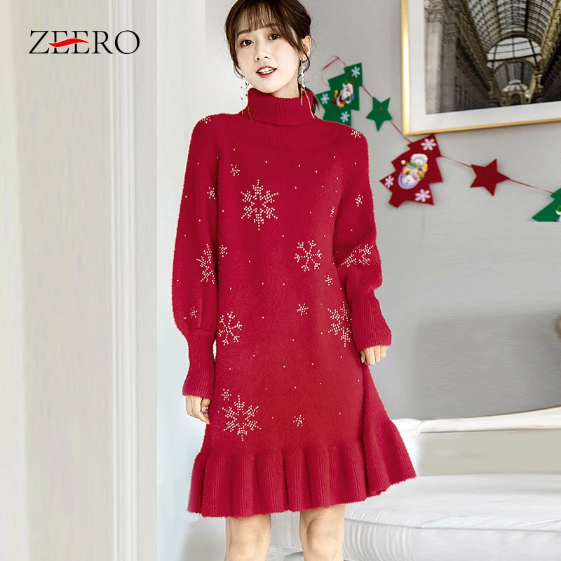 

Autumn Women Snowflake Diamonds Long Sleeve Turtleneck Loose Sweater Dress Elegant Winter Female Knitted Christmas Dresses