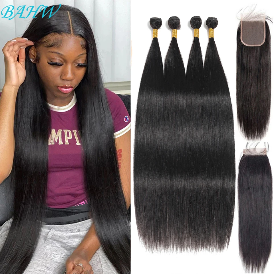 

12A Wholesale Price Remy Straight Hair 4PCS Bundles With Closure Indian Human Hair Bundles With 4x4 Lace Closure Natural Color