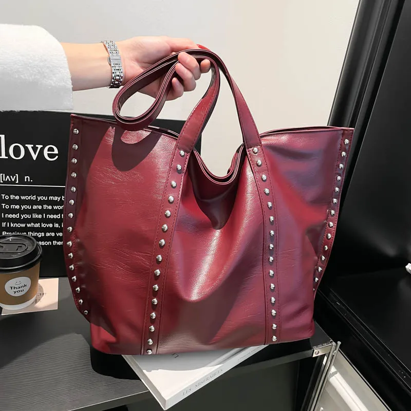 Women Girls PU Leather Studded Underarm Shoulder Bag Rivet Handheld Tote Bag for School Work Daily Use