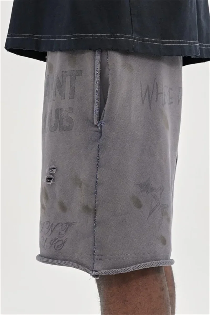 24ss Washed Blue SSSAINT LOUIS Shorts For Men Women 1:1 Best Quality Vintage Sketch Drawstring Shorts