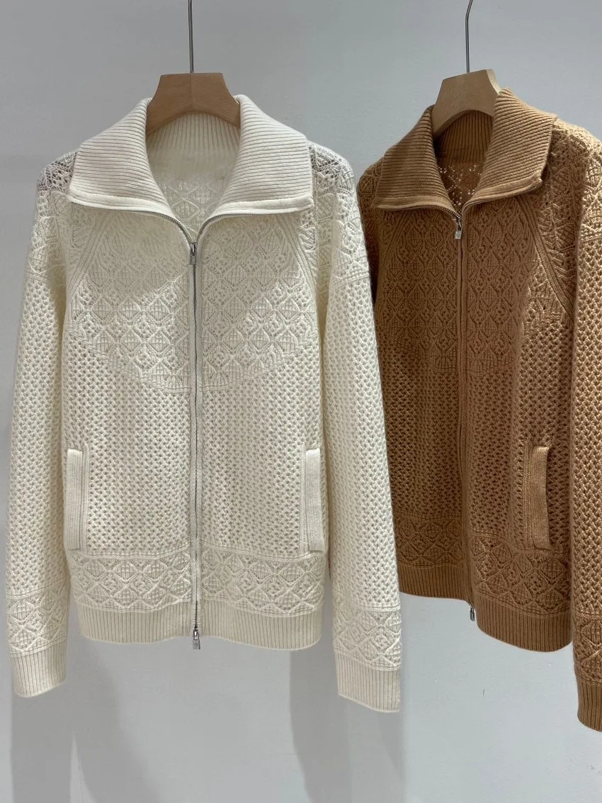 

Женская кашемировая куртка-свитер, универсальная, вязаная крючком, с лацканами на молнии, осень и зима, новинка