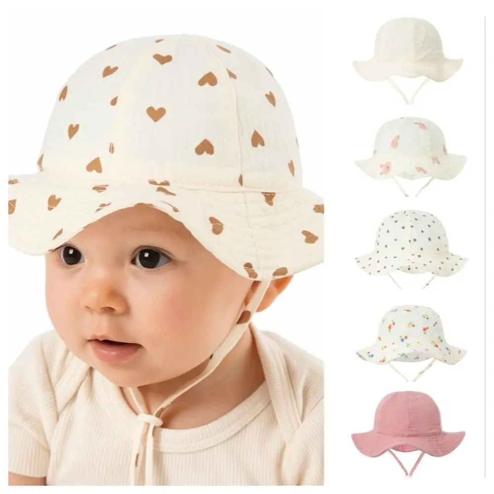 Cute Cotton Infant Bucket Hat Love Heart Wide Brim Sunhat with Strap Flower Children's Fisherman Hat