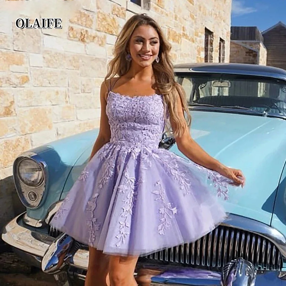 

Lace Mini Short Cocktail Dresses A-line Spaghetti Strap Embroidery Tulle Applique Vestido Graduation Gown Short Dress فستان سهرة