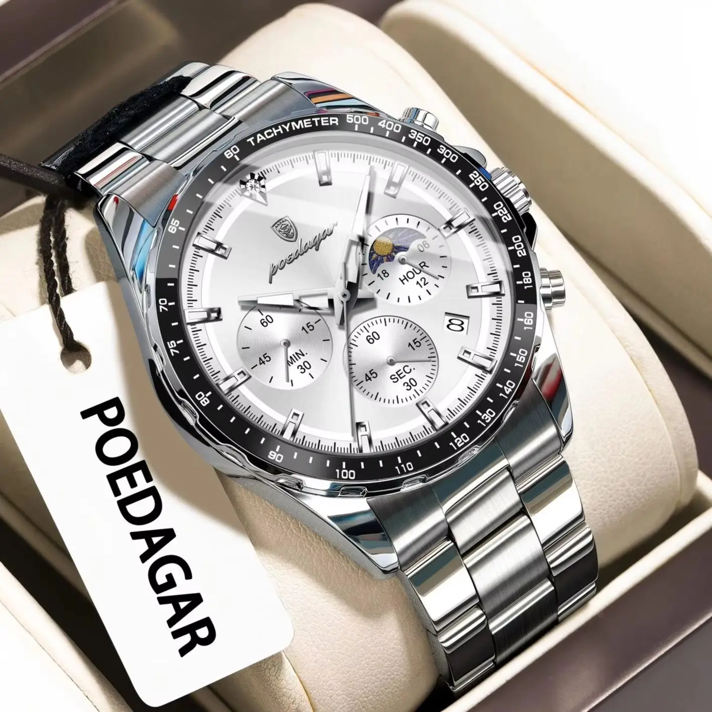 POEDAGAR Fashion Brand Man Wristwatch Waterproof Stainless Steel Luminous Men Watch Chronograph Date Luxury Quartz Men's Watches