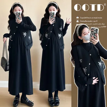 Maternity Suit Spring Autumn Elegant Embroidered Knit Vest And High Neck Long Sleeve Maxi Dress Two Piece Set For Pregnant Women