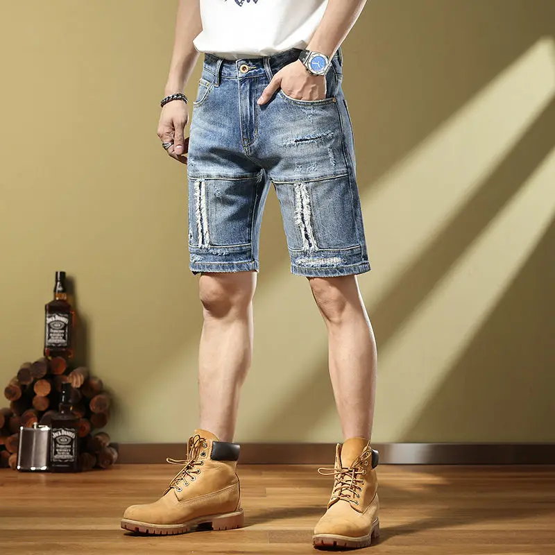 Handsome Fashion Personalized Embroidery Splice 2023 Summer Retro Men's Denim Split knee length jeans shorts cargo pants men