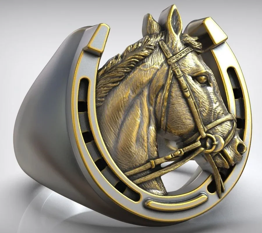23g 3D Lucky Horseshoe Horse Head Men And Dad Gold Rings  Customized 925 Solid Sterling Silver Rings Many Sizes 7-12