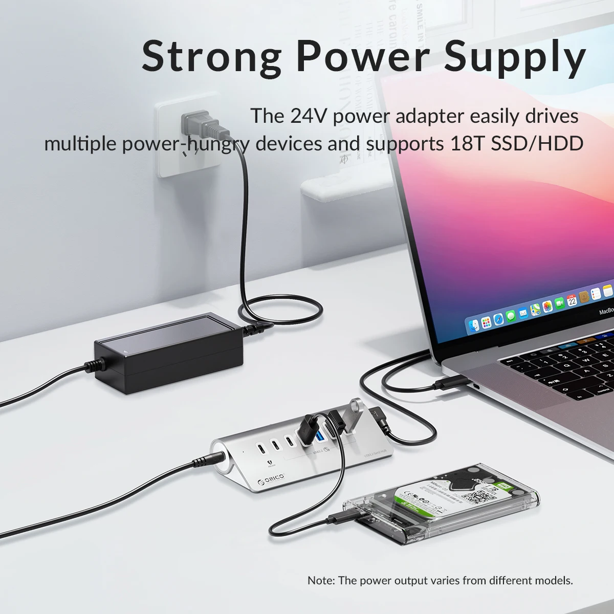 ORICO Aluminum 10Gbps USB 3.2 HUB SuperSpeed Powered PD60W Charger Type C Splitter With Power Adapter for MacBook PC Accessories 3