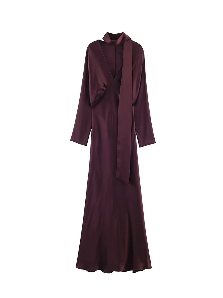 Women Scarf Solid Elegant Dresses V Neck Long Sleeve Fashion Slim Fit Sexy Club Streetwear Female Chic Evening Party Long Dress