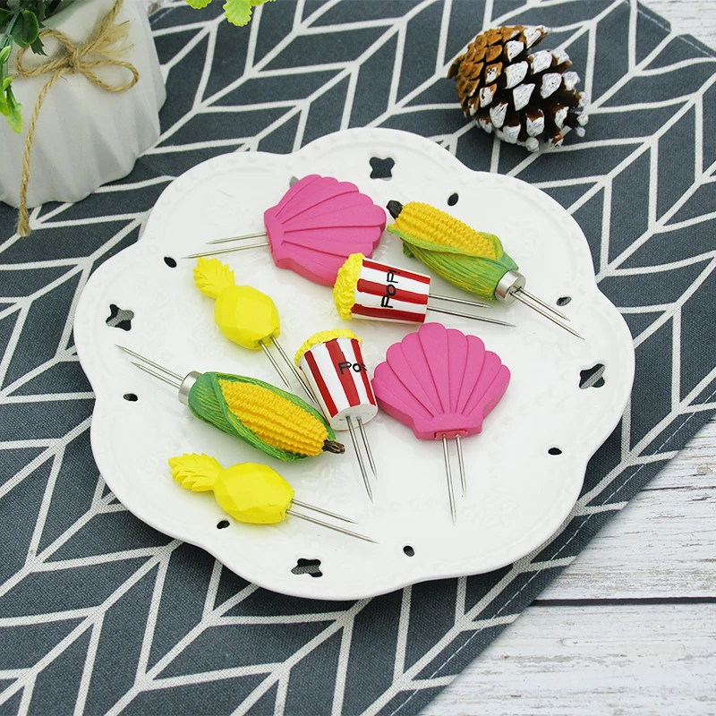 8pcs Fork Corn Skewer Stainless Steel Corn Holders On The Cob Skewers Fruit Forks Cute Kids Cutlery Outdoor Barbecue Tool