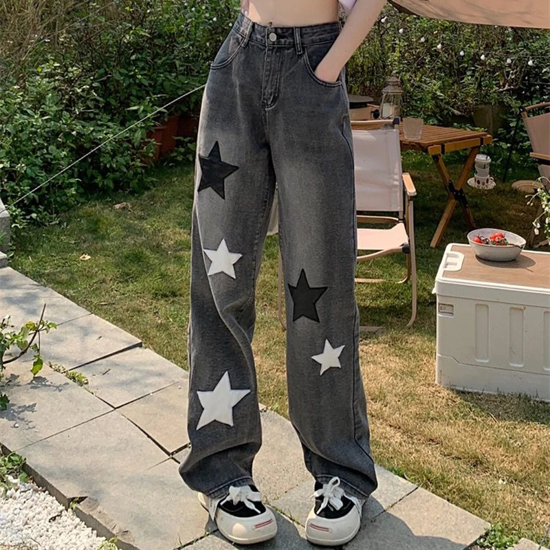 

Hdspq Star Printed Straight Y2K Jeans Women 2023 Autumn High Street Wide Leg Trousers Woman Loose Vintage Denim Pants Streetwear