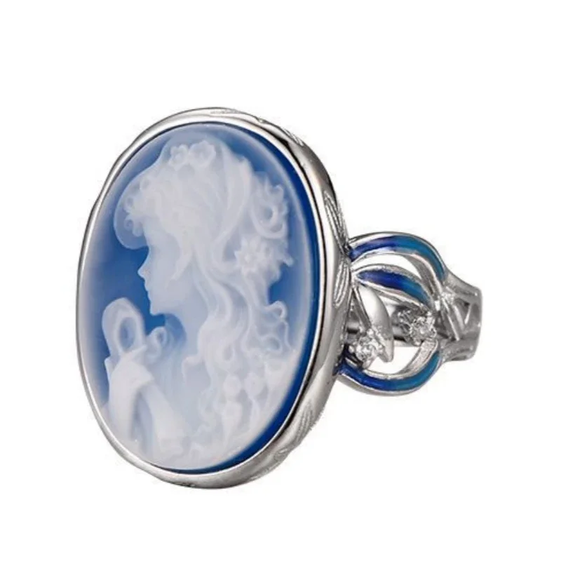 S925 sterling silver rings for Women New Fashion blue agate white shell beautiful girl portrait enamel jewelry free shipping