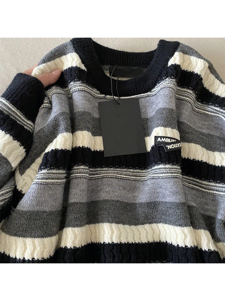

Женский винтажный свитер в полоску, повседневный трикотажный свитер в стиле оверсайз с длинным рукавом, парные пуловеры унисекс в стиле хип-хоп, Осень-зима