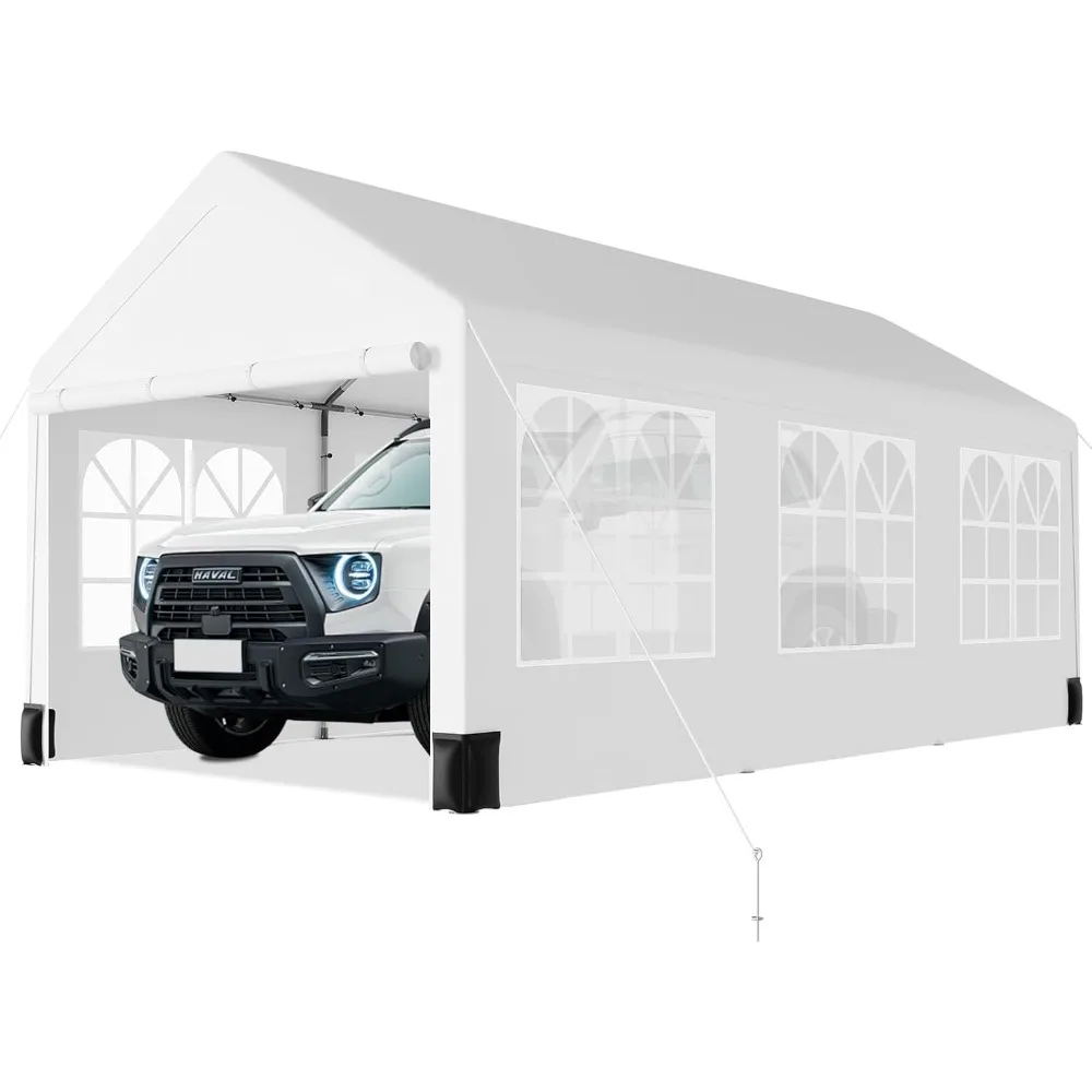 

10 * 20 Heavy Duty Carport Canopy, Portable Car Tent Garage with 6 Roll-Up Windows and All-Season Tarp Cover, Metal Roof