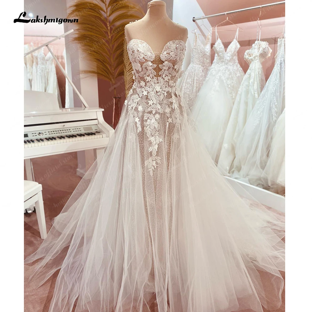 

Lakshmigown кружевные бусины в горошек блестящее Тюлевое цветочное свадебное платье Бохо цвета шампанского с вырезом сердечком Свадебные платья для невесты