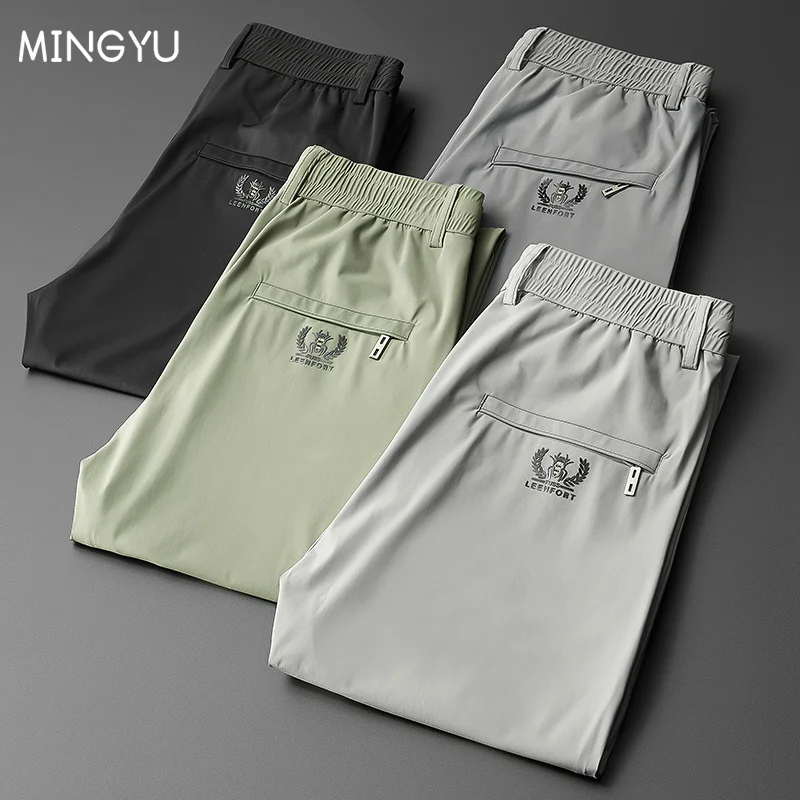 

2023 Summer Men's Casual Pants Thin Soft Sports Zip Pocket Korea Grey Black Elasticity Lace-up Waist Jogging Work Trousers Male