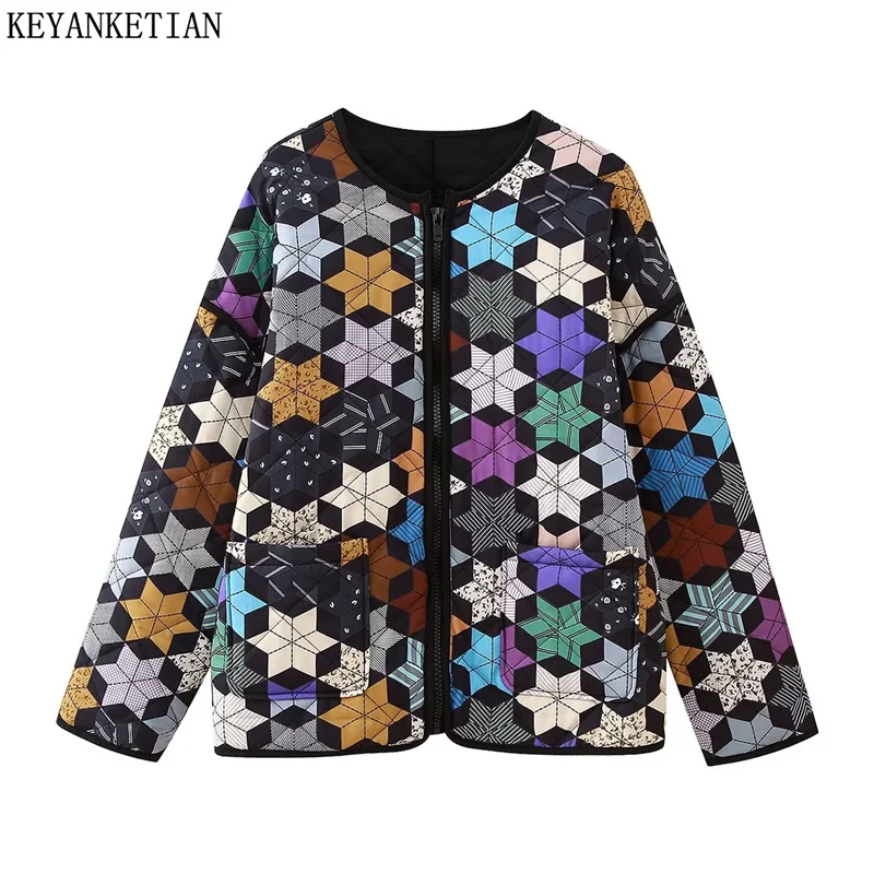 

KEYANKETIAN Winter New Contrast Color Geometric Printing Vintage Women's Cropped Parkas Coat Zip-up Loose Thick Warm Jacket Top