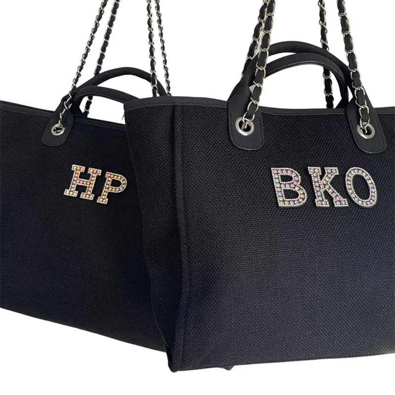 Large Luxury Black Personalised Monogram Tote Bag, Canvas Chain Beach Shopping Tote Bag, Personalized Weekend Hand Bag
