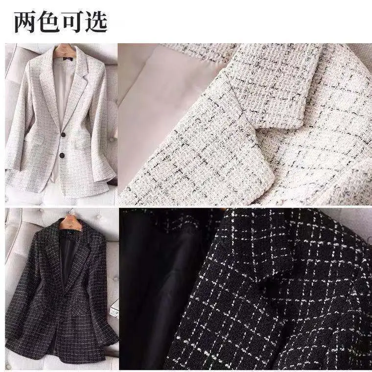 Primavera e Outono Terno Xadrez Feminino Tamanho Grande 2022 Nova Versão Coreana Moda Preto Pequena Fragrância Jaqueta Casual Solta 17 Online shopping