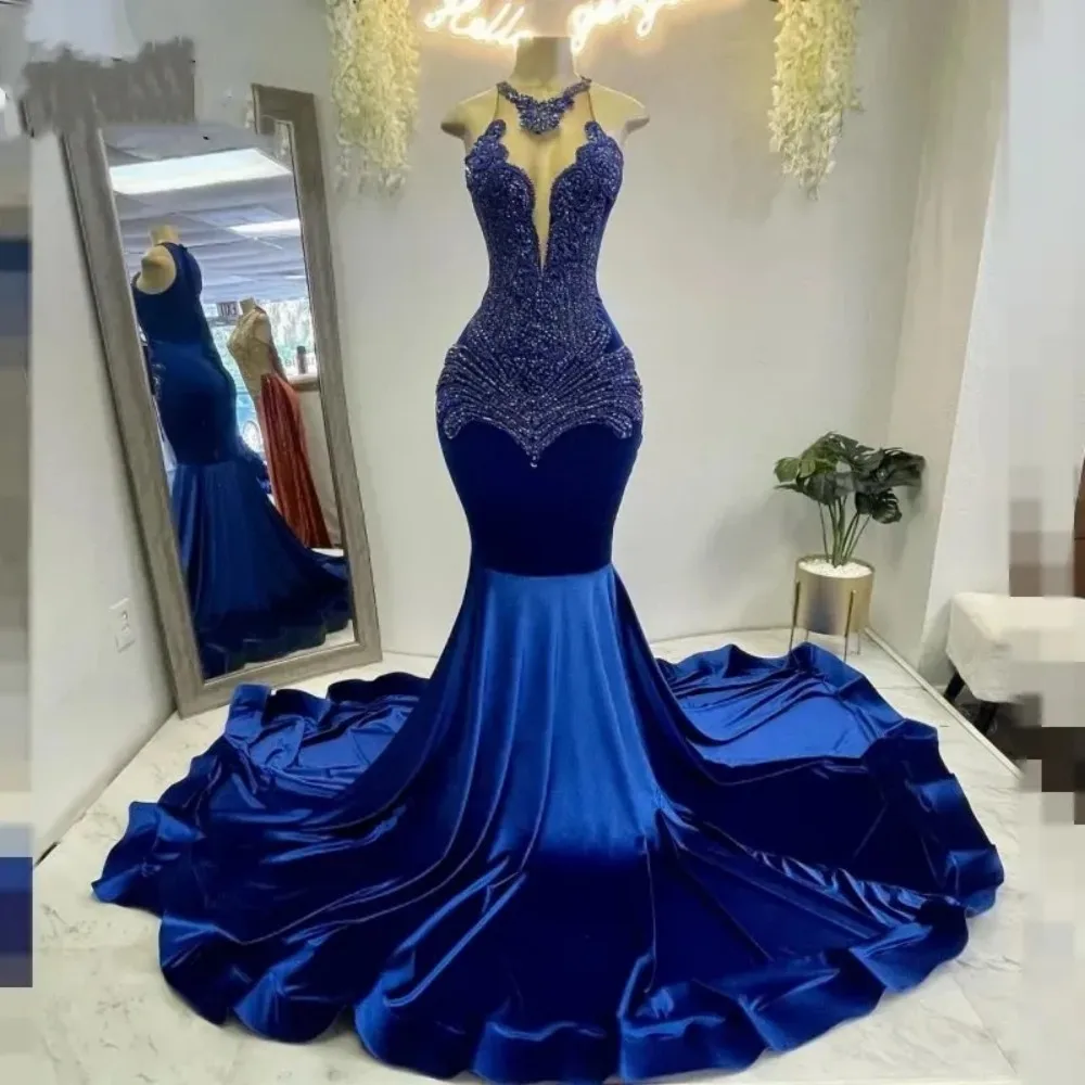 

Royal Blue Velvet Vestidos De Gala Mermaid Prom Dresses For Black Girls Crystal Evening Birthday Party Gowns Robes De Soirée