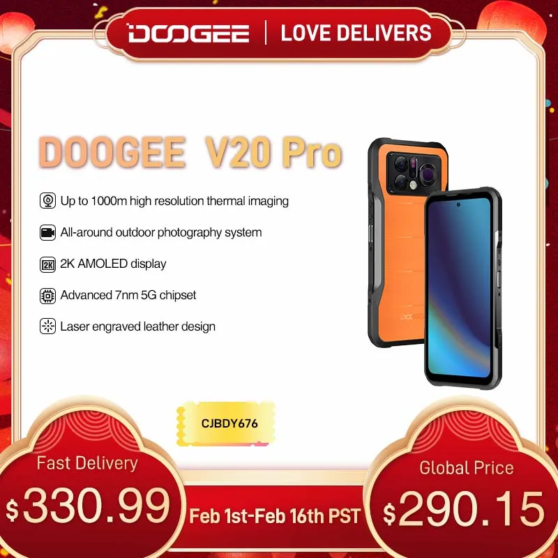 World Premiere Doogee V20 Pro Rugged Phone 6.43 "2K Amoled Display 12Gb + 256Gb 1440*1080 Thermal Imaging Advanced 7Nm 5G Chipset